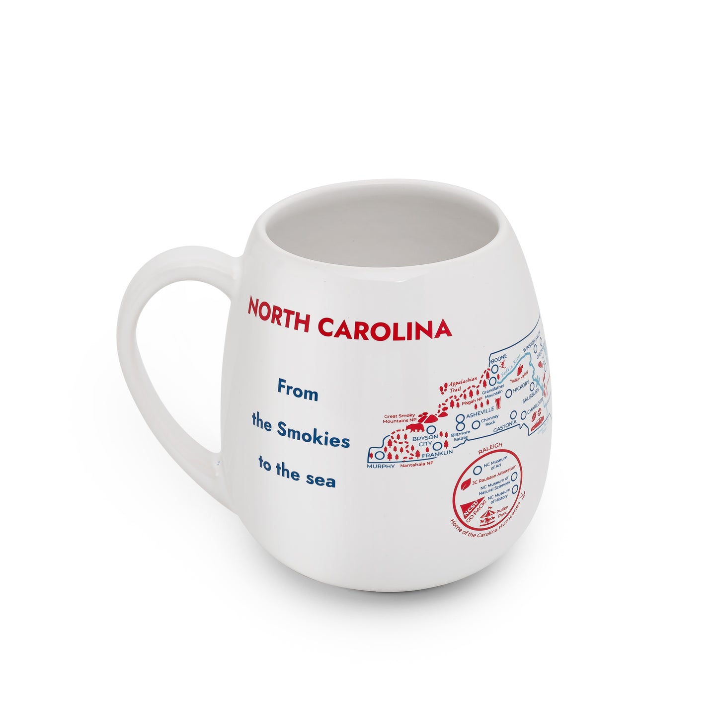 Left side detail of North Carolina travel checklist mug, ready to color in visited places across the state