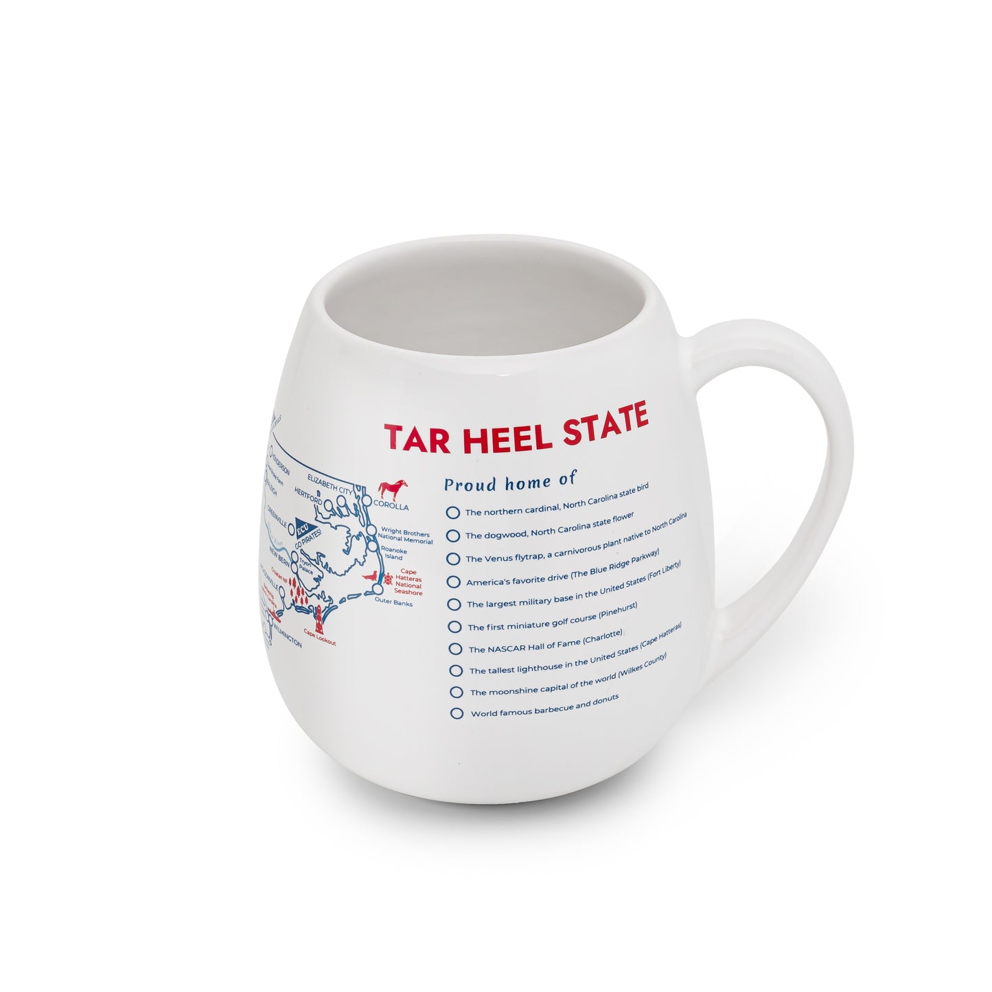 Right side detail of North Carolina map color-in mug showing a list of must-have state experiences