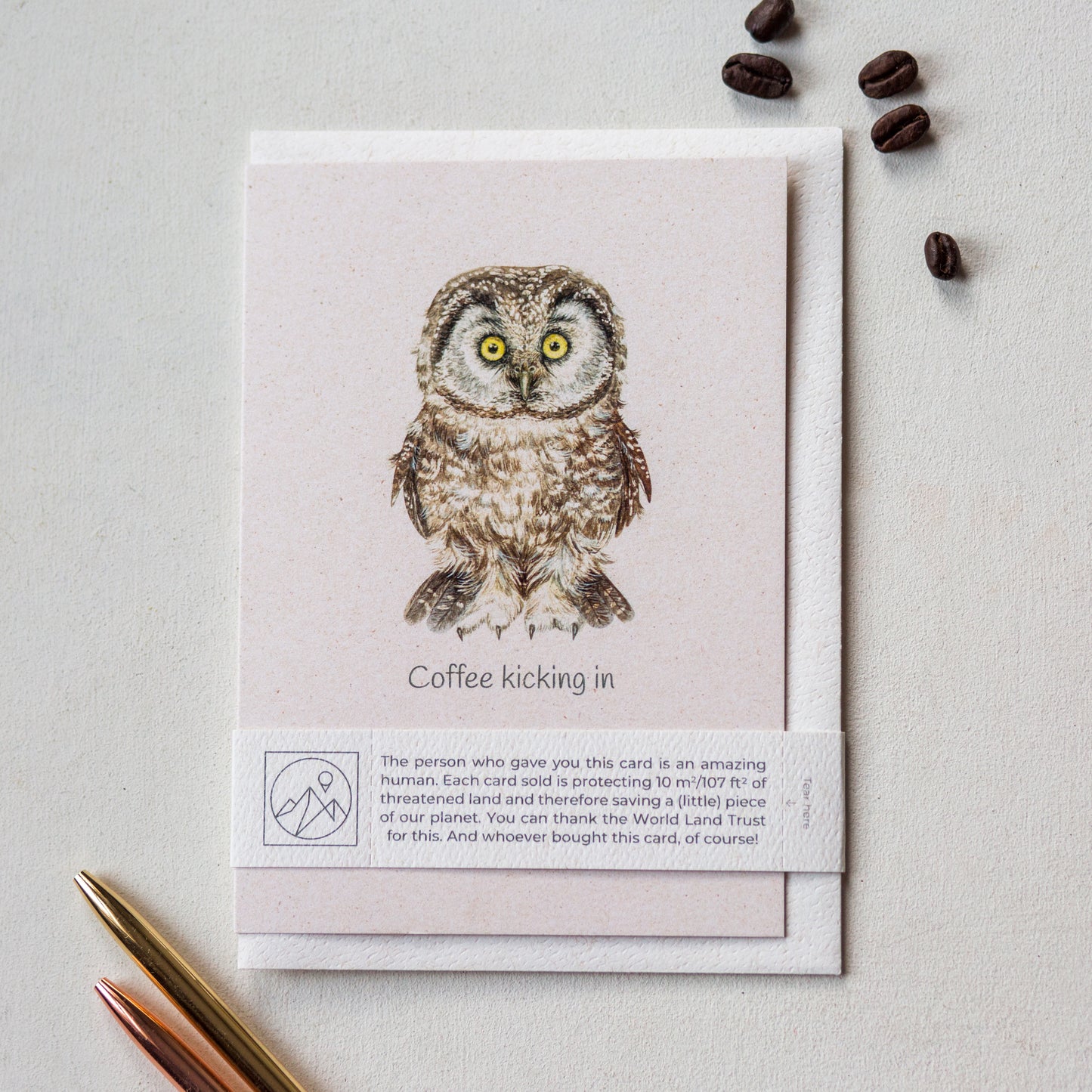 Owl coffee humour greeting card with recycled envelope and paper band for caffeine lovers