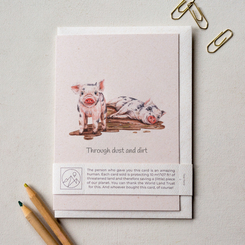 Hand painted piglets friendship greeting card displayed flat with envelope and paper band, cute farm animal card