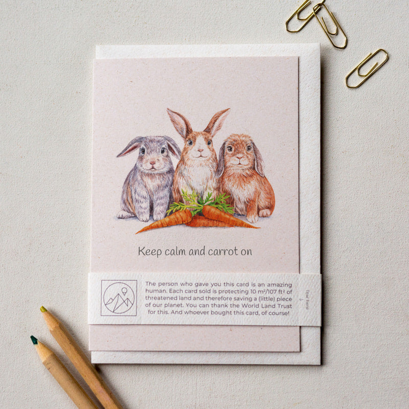 Rabbit motivational keep calm greeting card laid flat with envelope and paper band, cute animal card for nature lovers