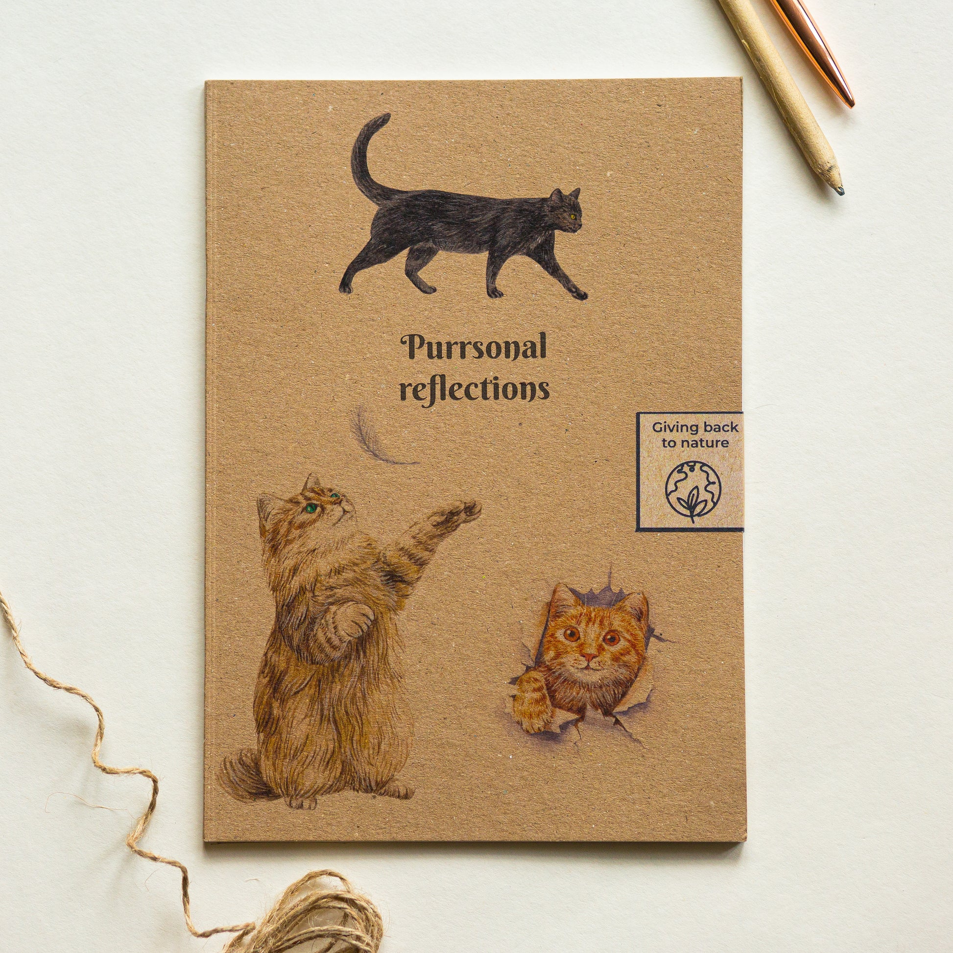 Cat illustrated kraft recycled notebook, “Purrsonal reflections” eco friendly journal gift for cat lovers