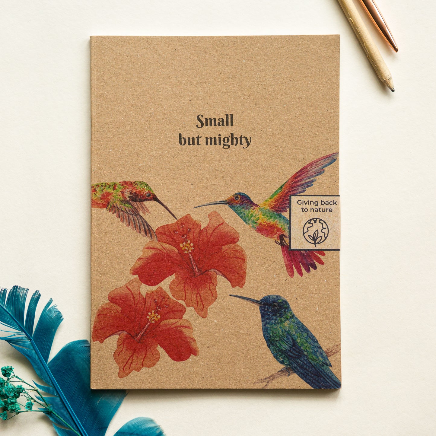 Hummingbirds and flowers recycled paper notebook, “Small but mighty” eco friendly motivational journal