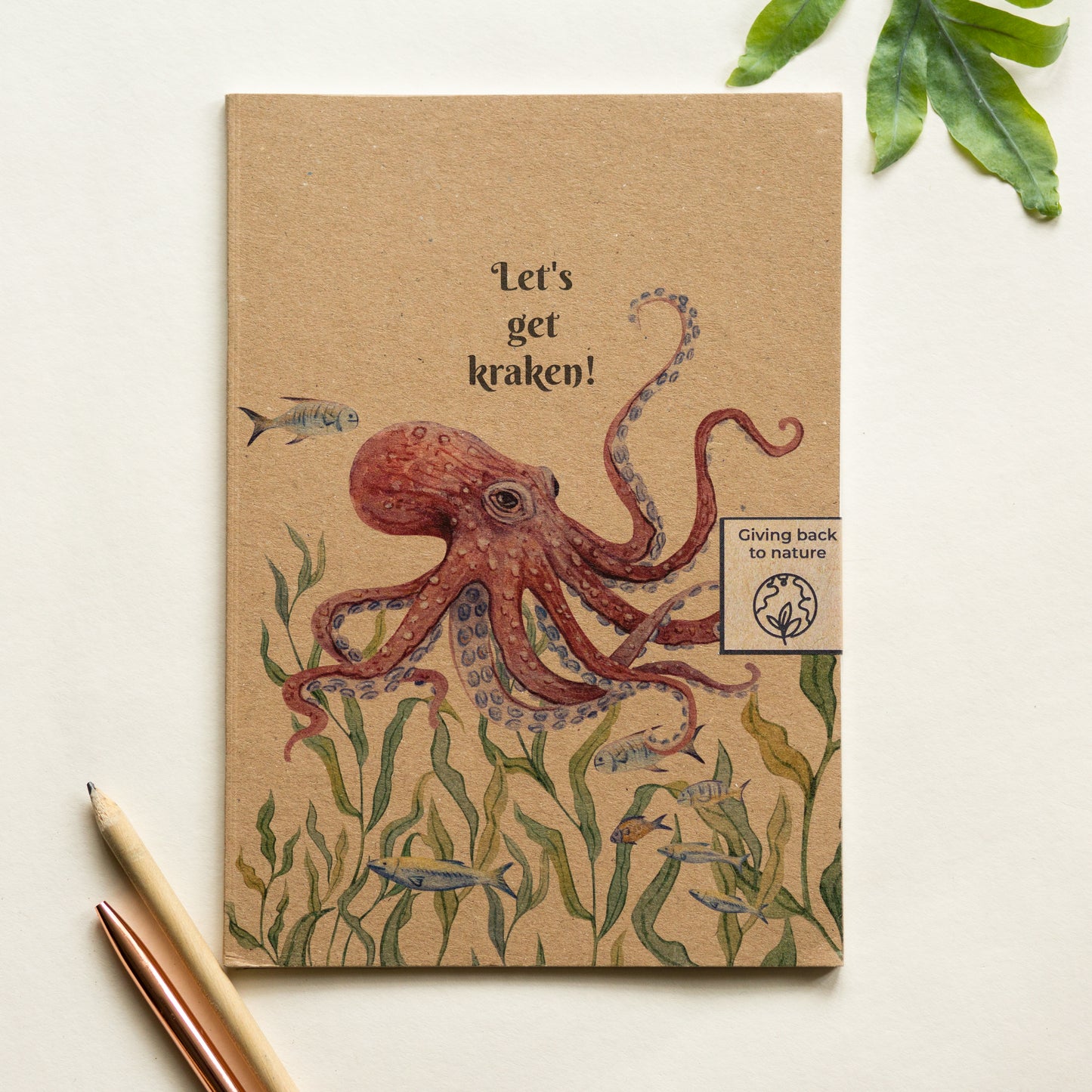 Octopus illustrated recycled notebook, “Let’s get kraken!” funny eco friendly journal gift