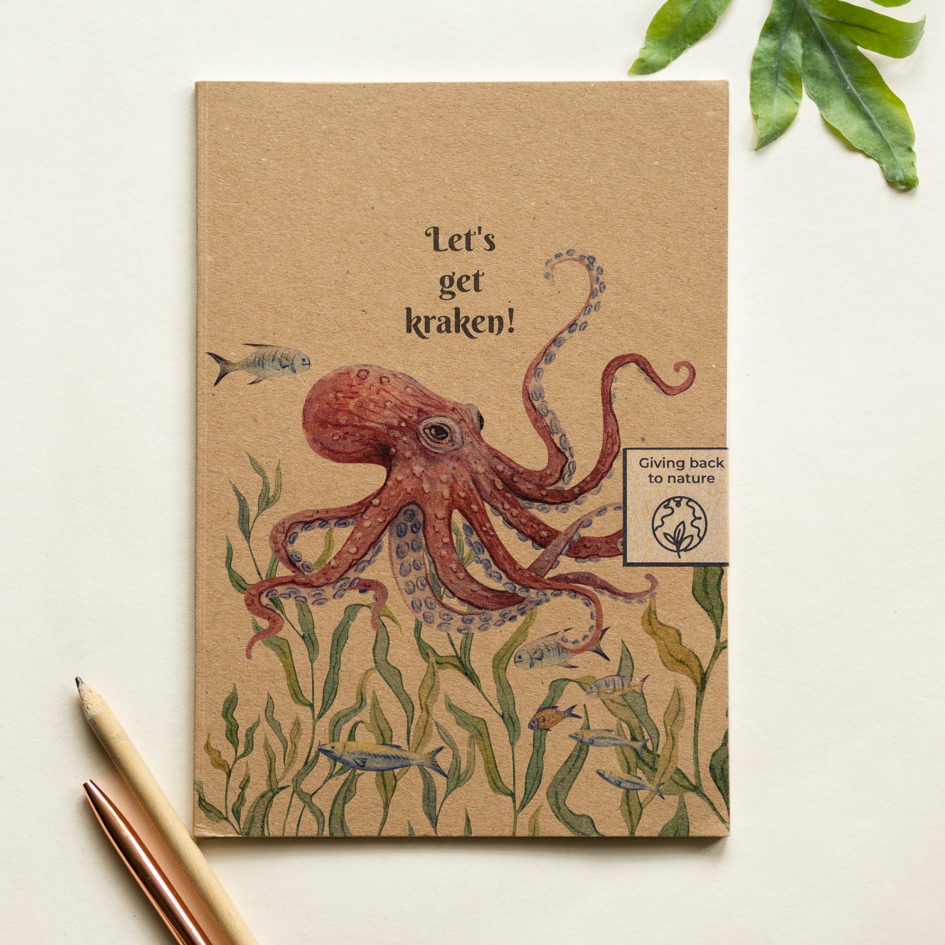 Octopus illustrated recycled notebook, “Let’s get kraken!” funny eco friendly journal gift