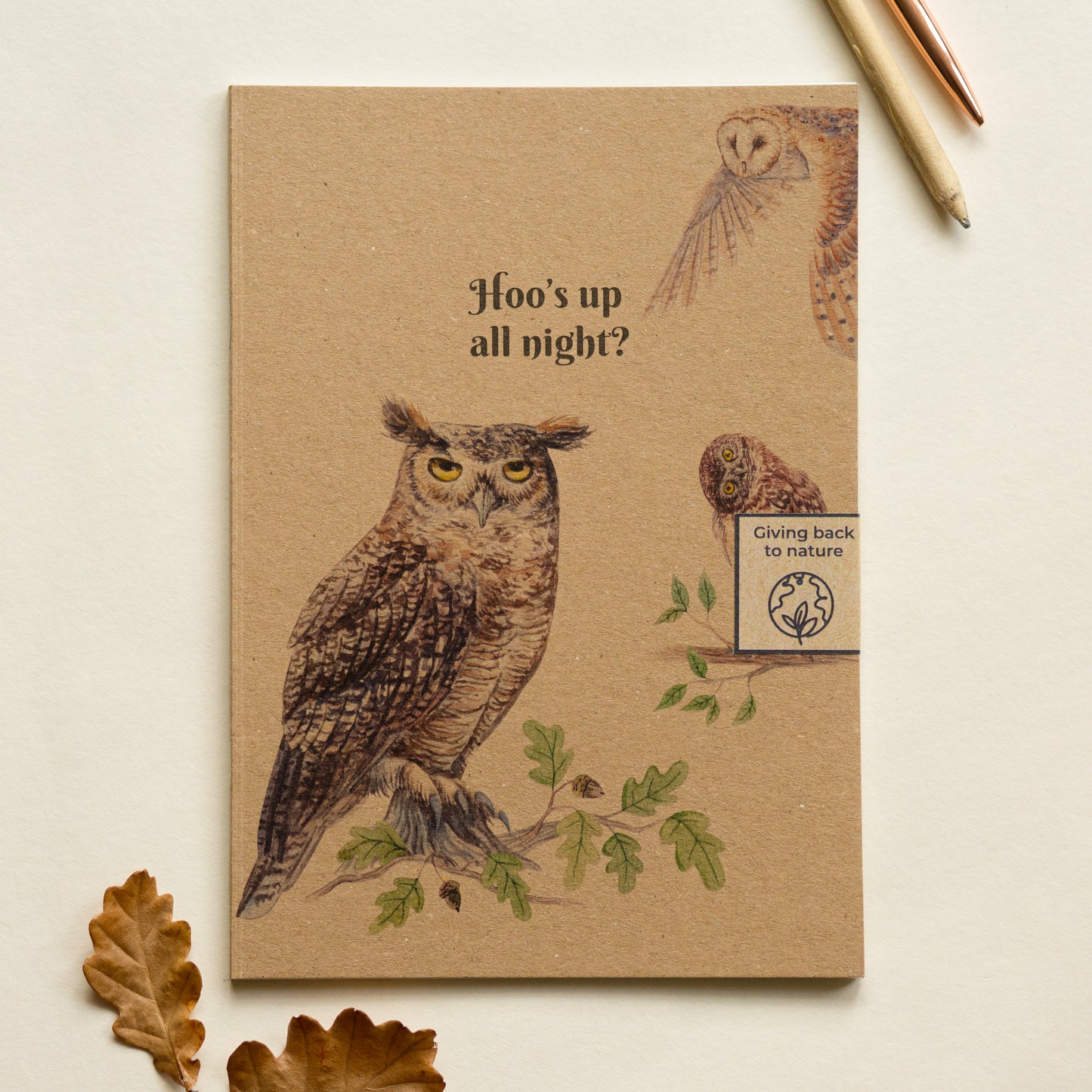 Owl recycled paper kraft notebook, “Hoo’s up all night?” eco friendly writing journal for night owls