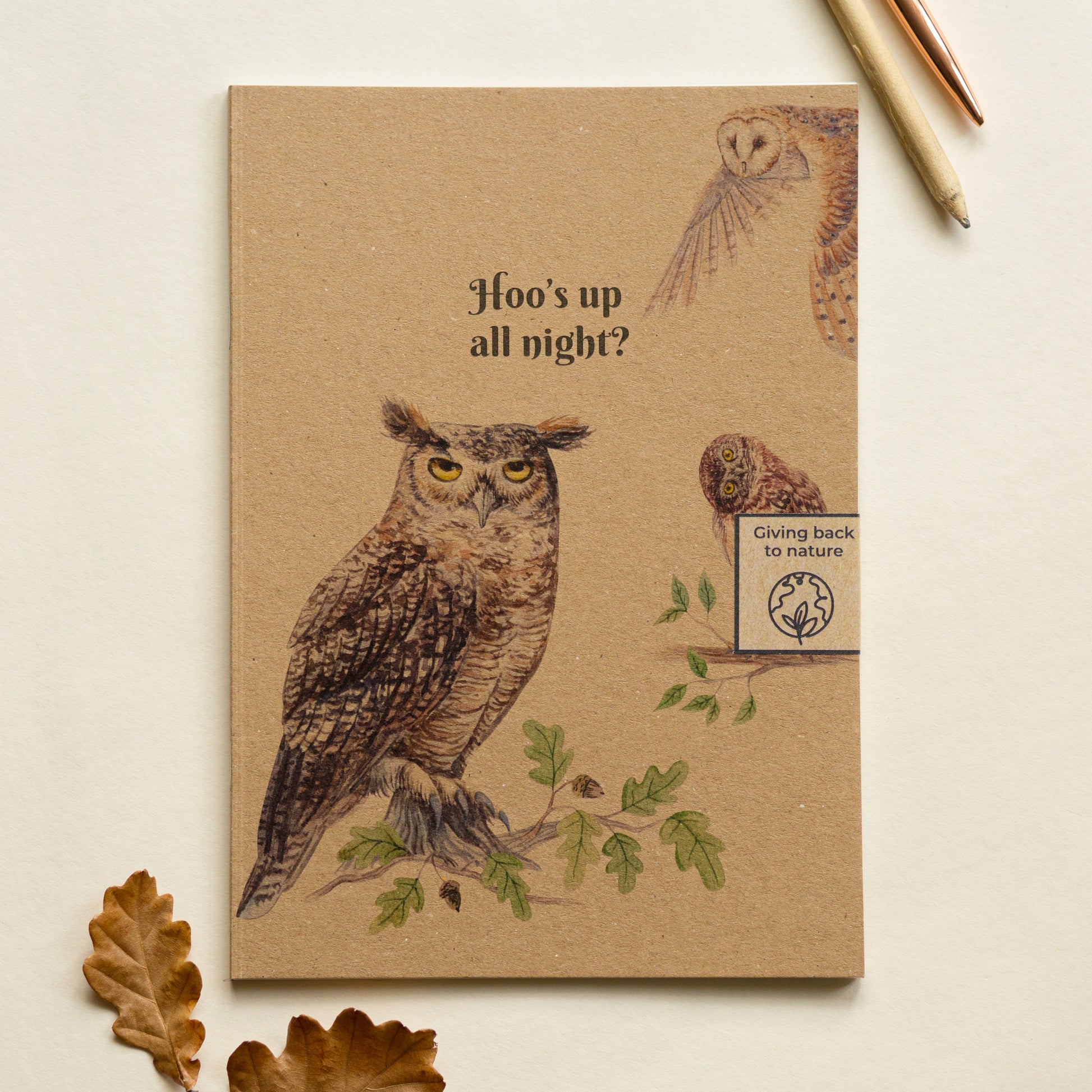 Owl recycled paper kraft notebook, “Hoo’s up all night?” eco friendly writing journal for night owls