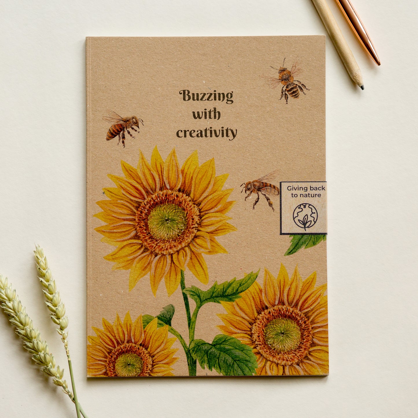 Sunflowers and bees kraft recycled paper notebook, “Buzzing with creativity” eco friendly stationery gift for writers and planners