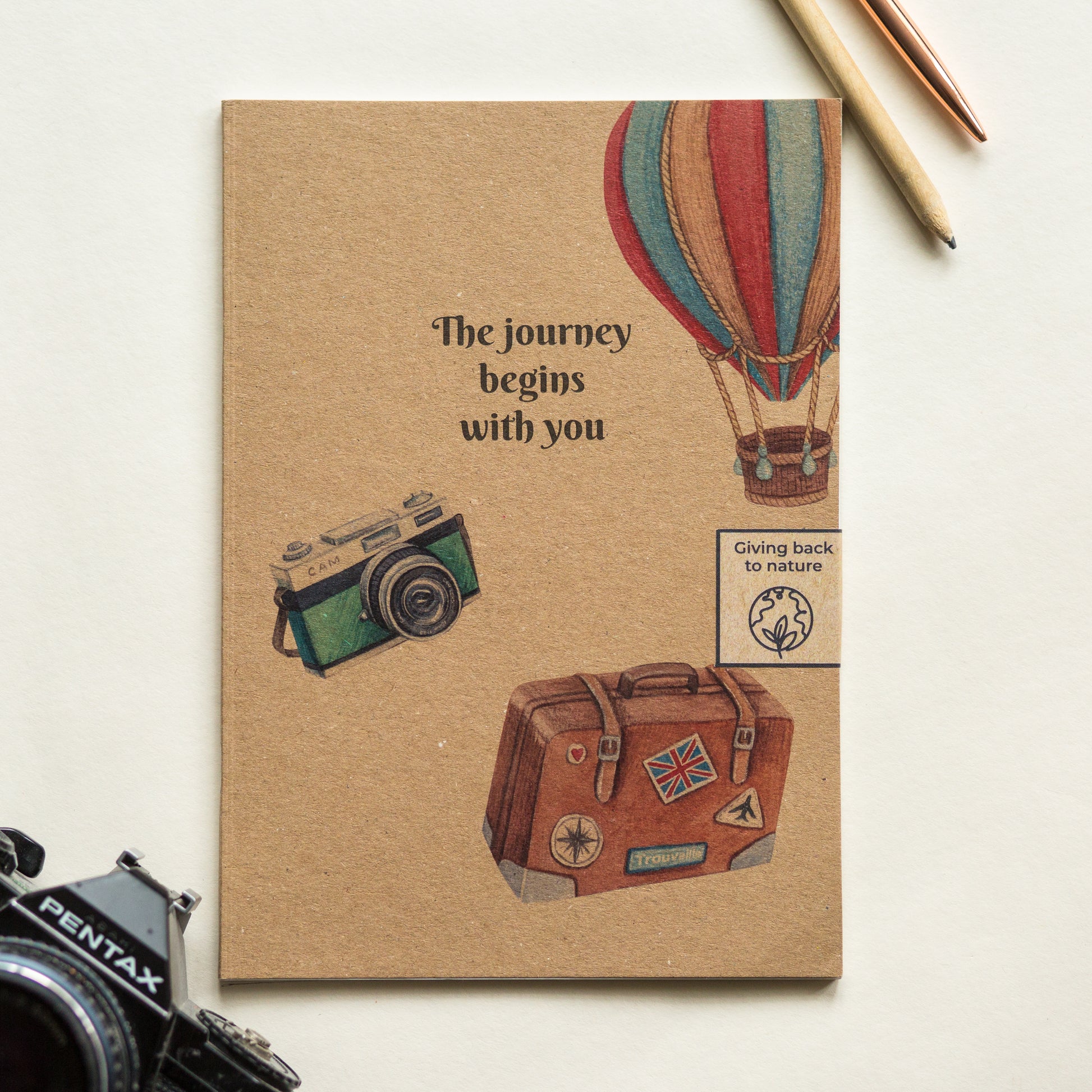 Vintage travel recycled notebook, “The journey begins with you” travel journal and eco friendly gift