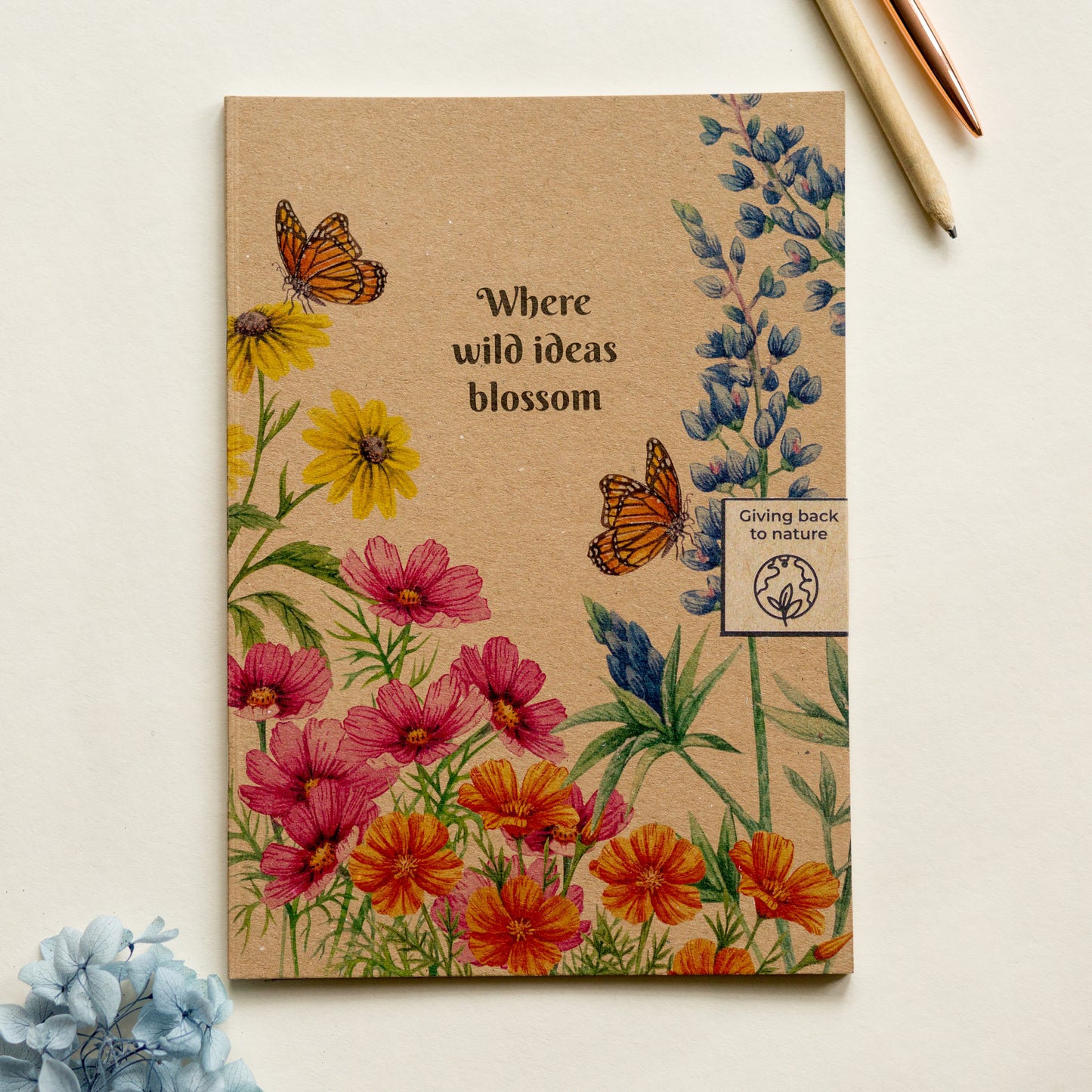 Wildflowers and butterflies illustrated recycled notebook, “Where wild ideas blossom” sustainable creative journal