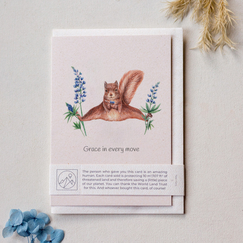Squirrel and flowers funny wildlife give back greeting card with recycled envelope and plastic free band