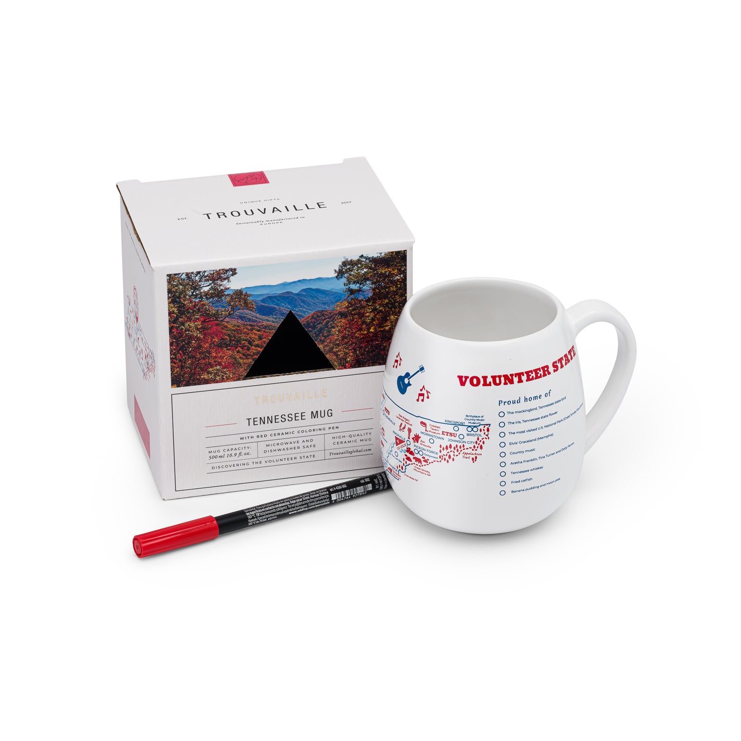 A white ceramic travel mug with a Tennessee map design, accompanied by a red ceramic pen and its packaging