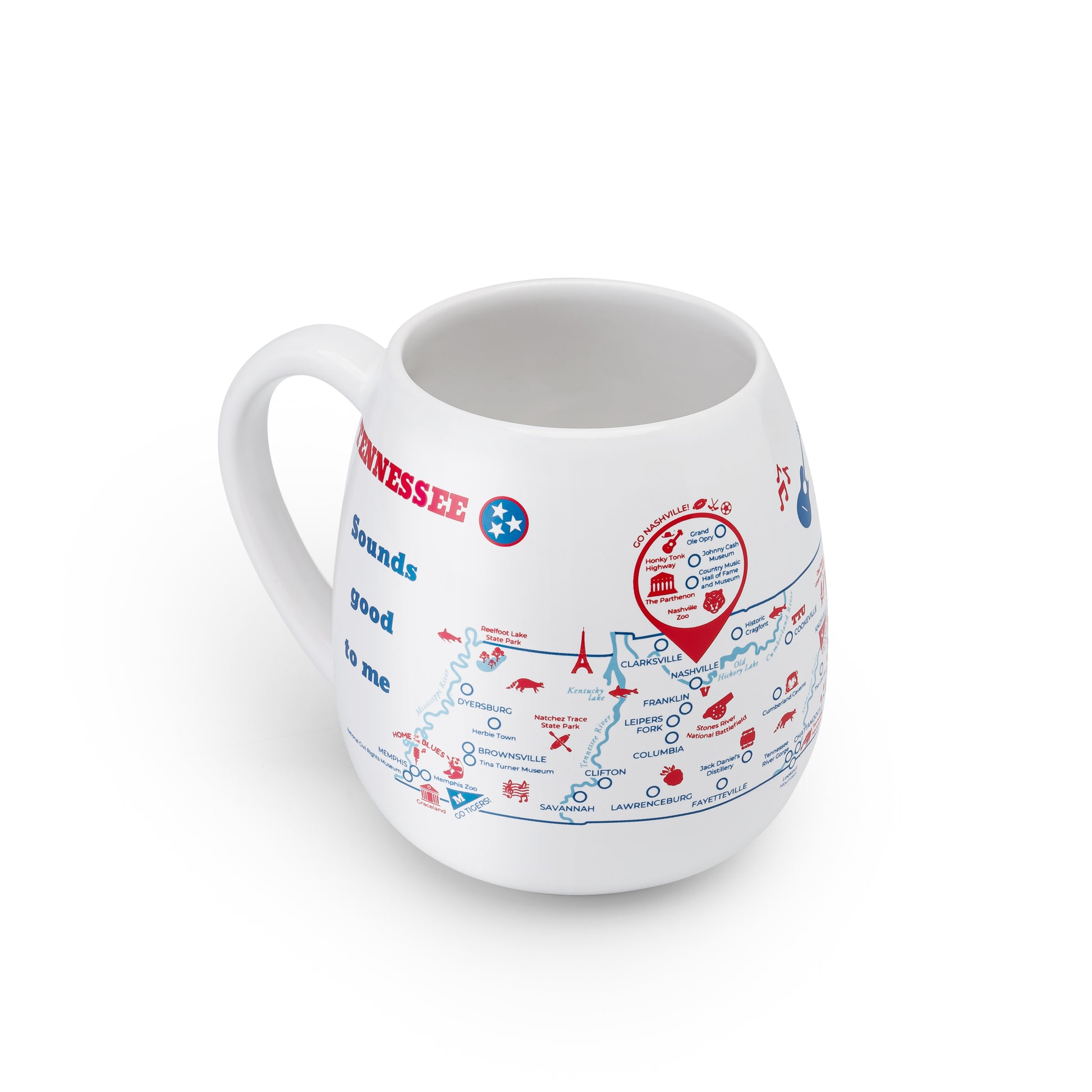 Left side detail of Tennessee travel checklist mug, ready to color in visited places across the state