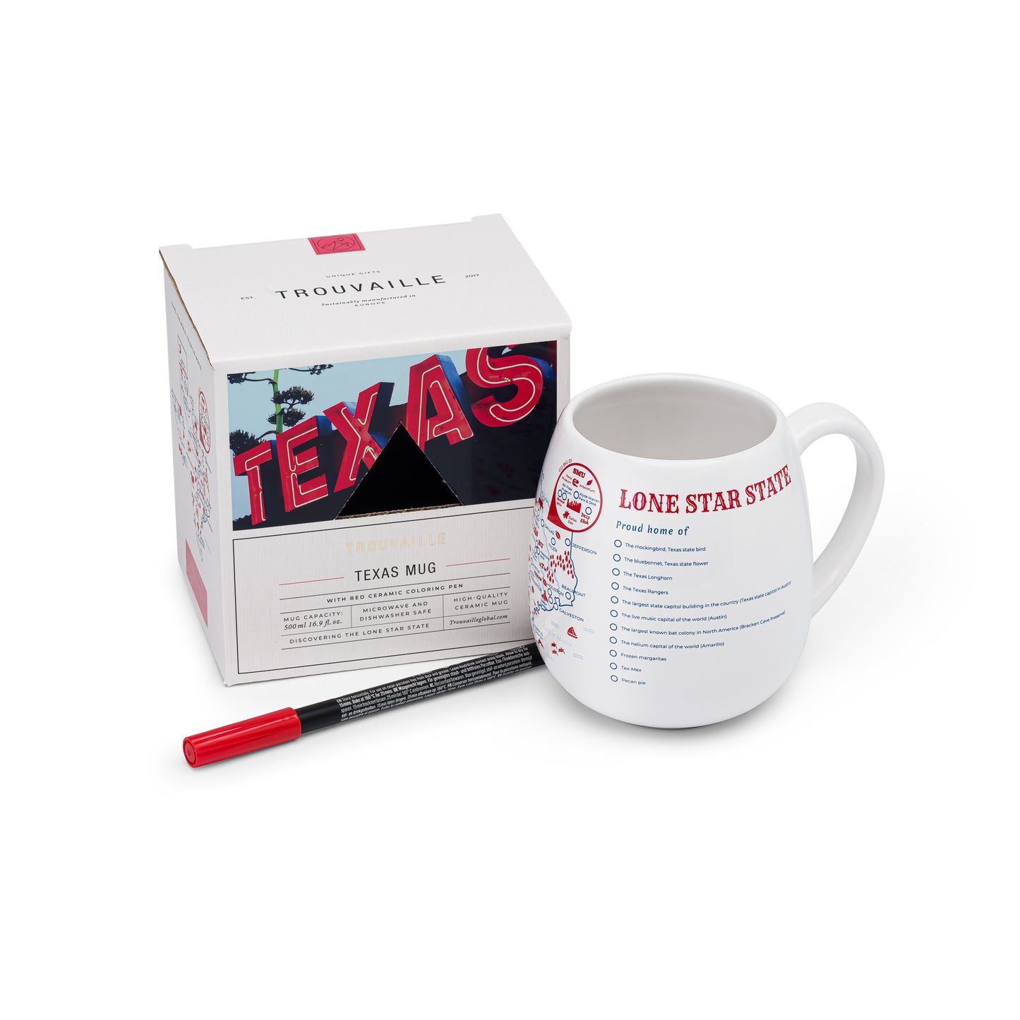 A white ceramic Texas travel mug along with a red ceramic marker and its packaging, road trip memory gift for Texas explorers