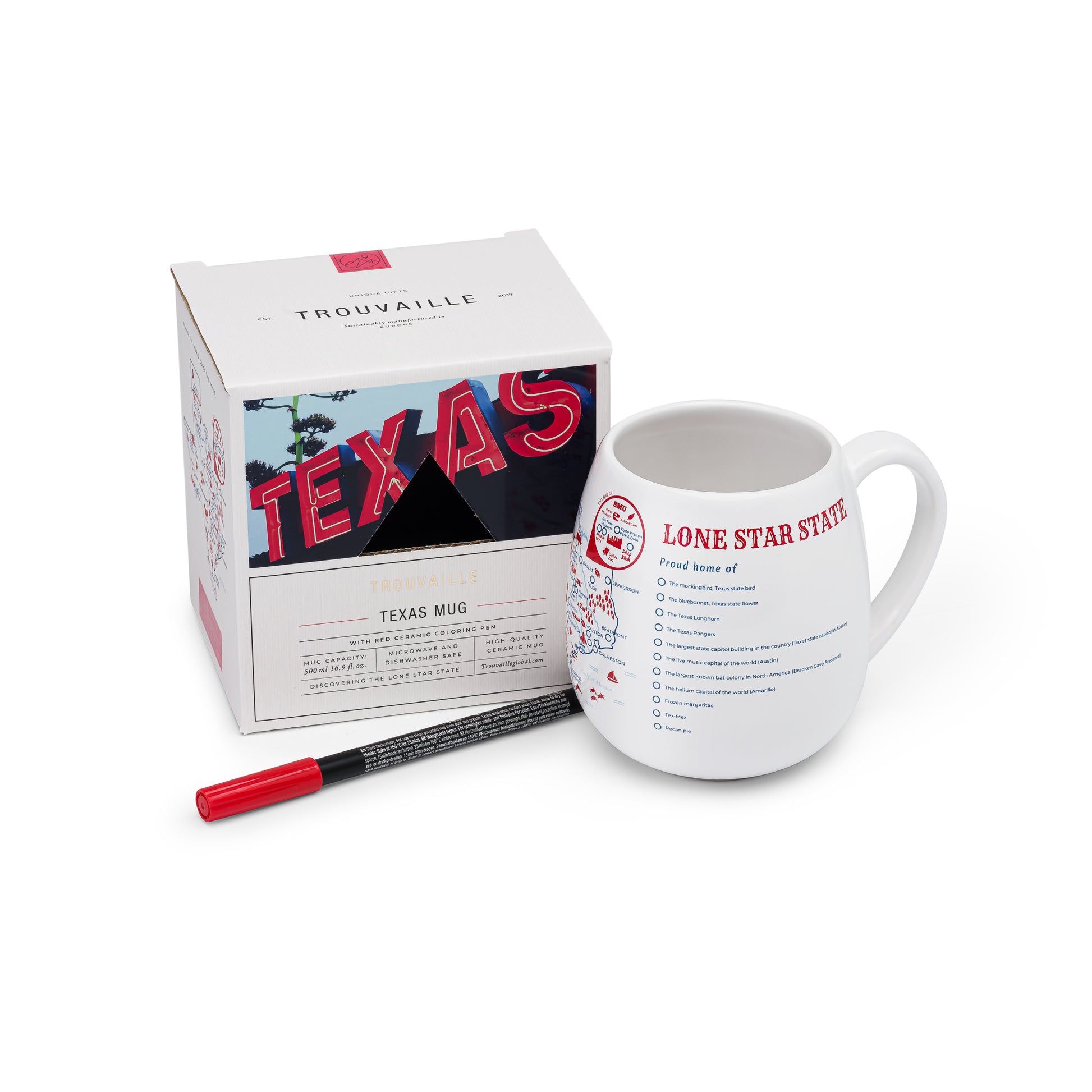 A white ceramic Texas travel mug along with a red ceramic marker and its packaging, road trip memory gift for Texas explorers