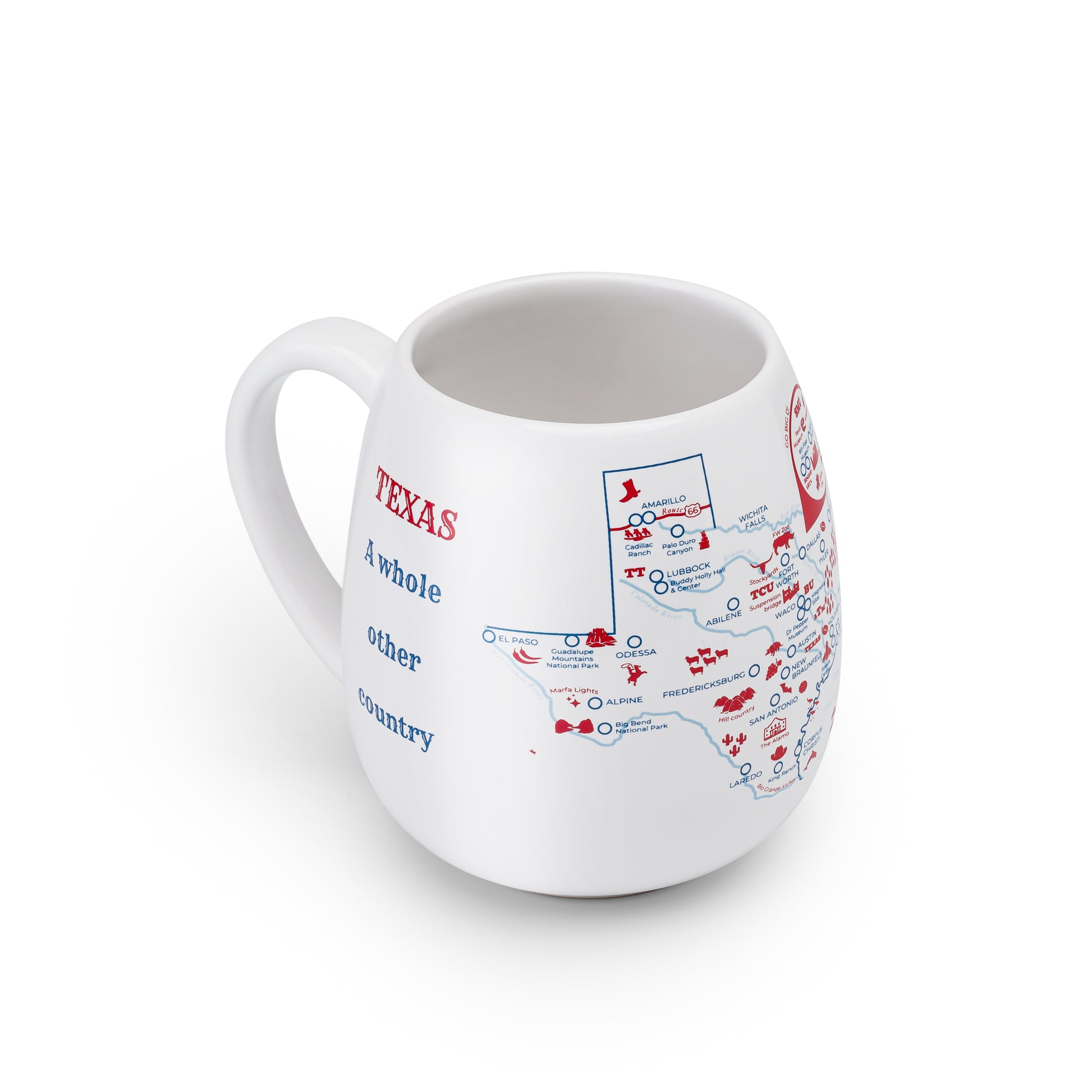 Left side detail of Texas travel checklist mug, ready to color visited places across the state
