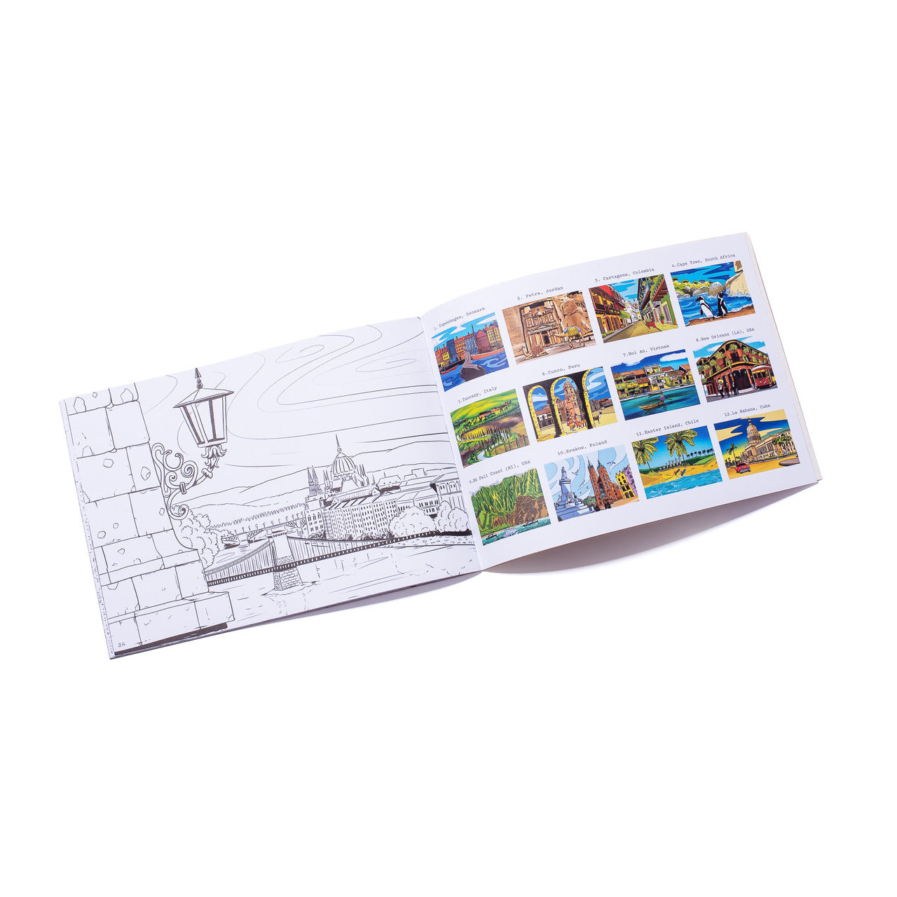 Travel colouring book with open pages showing Budapest (Hungary) and coloured illustrations as a guideline, eco-friendly stationery gift for travellers.