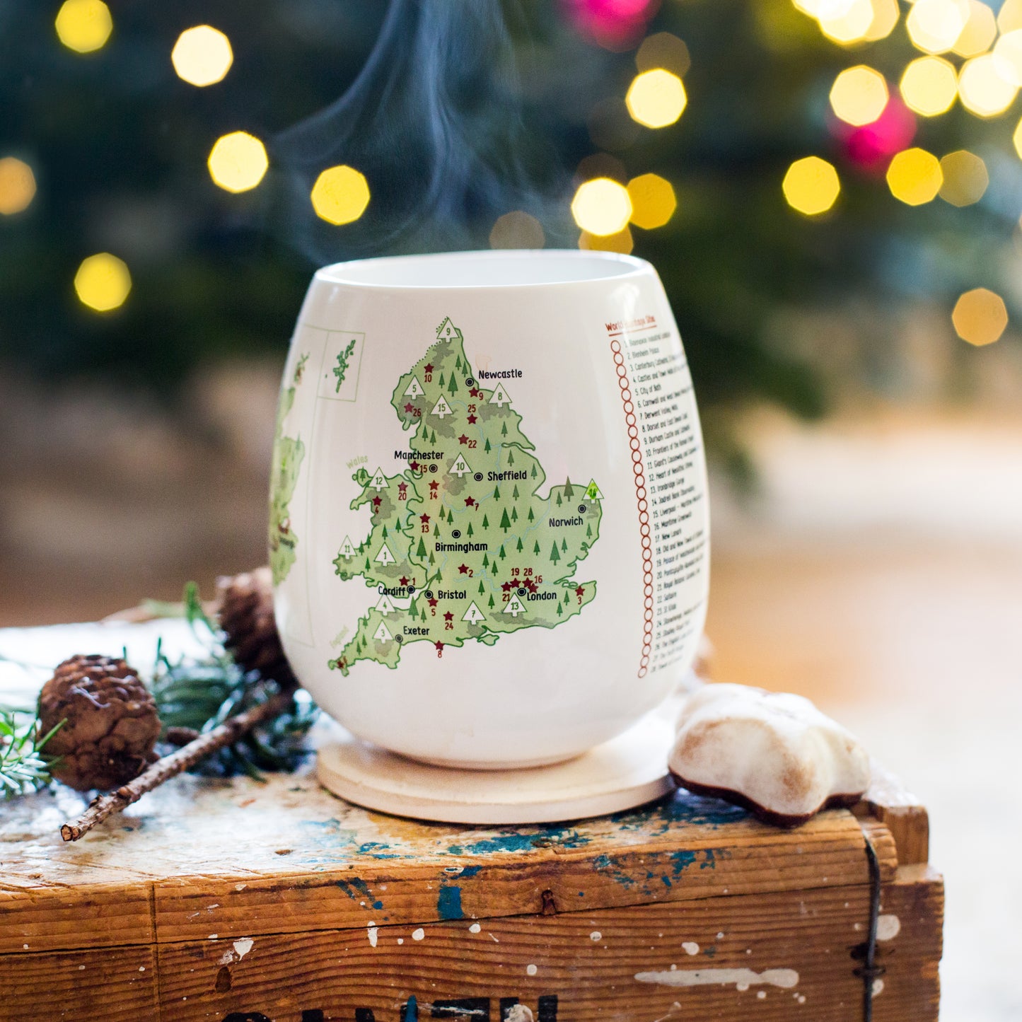 UK Explorer colour-in travel mug in cosy festive setting, Christmas gift for travellers and staycation lovers