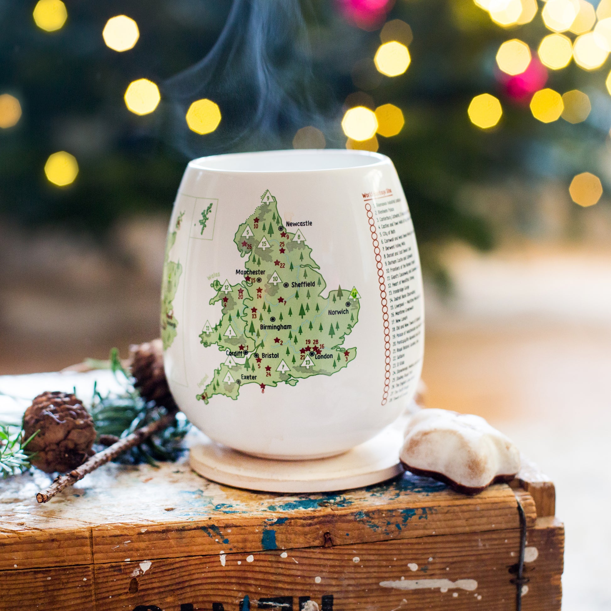 UK Explorer colour-in travel mug in cosy festive setting, Christmas gift for travellers and staycation lovers