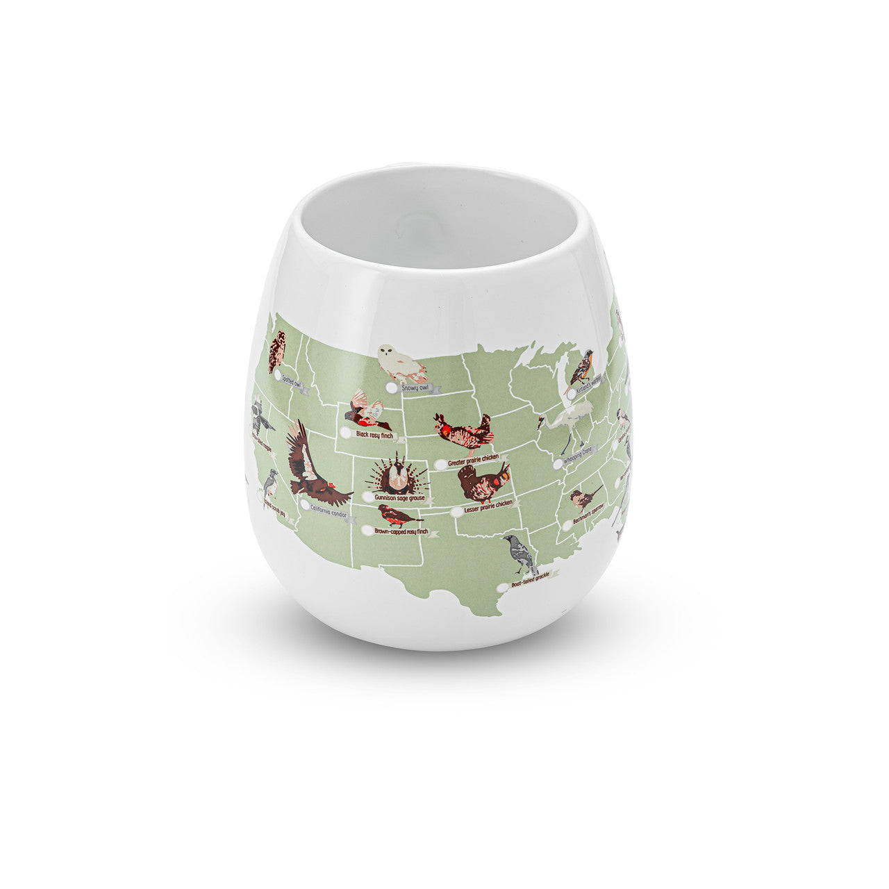 Close up of center of U.S. birdwatching checklist map mug on white background showing Wyoming and Texas birds among others