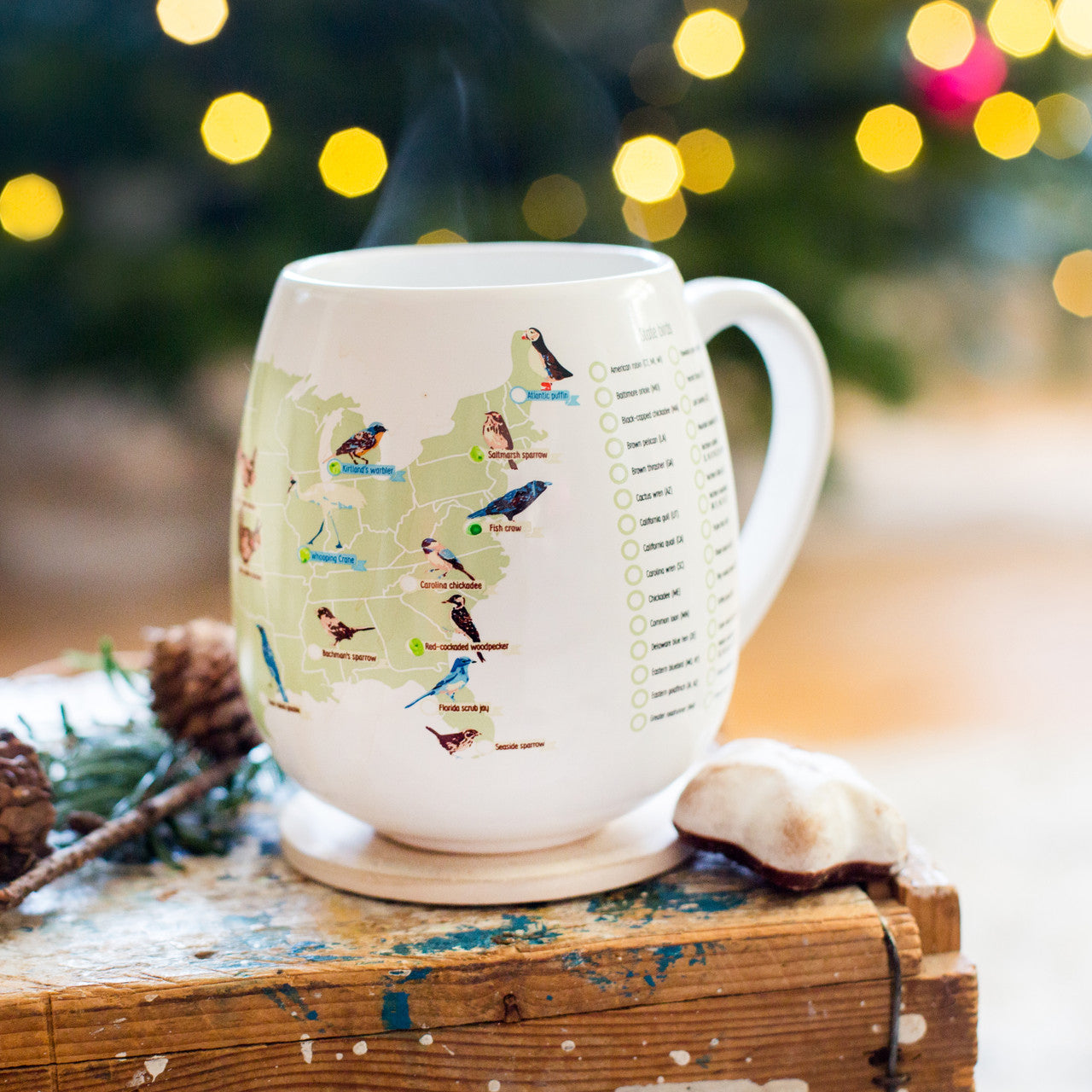 Color‑in birder’s checklist mug featuring bird species of the east coast of the U.S., Christmas props in background