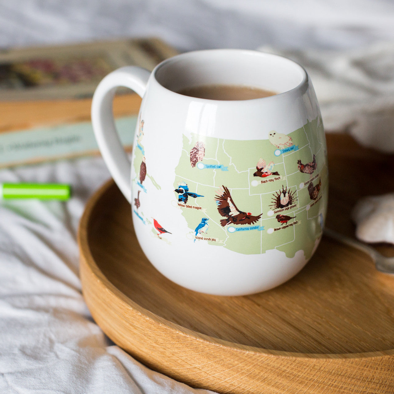 Color‑in birder’s checklist mug featuring bird species locations on a U.S. map, eco friendly ceramic birder gift