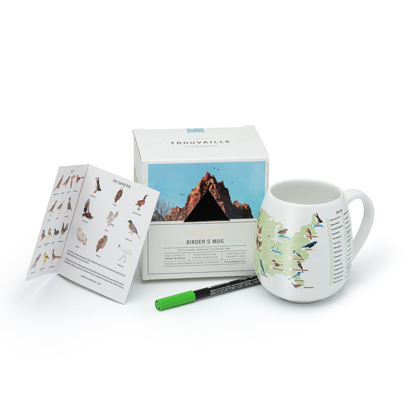 US Birder’s Checklist mug with recyclable packaging box, printed guide and ceramic green pen shown, sustainable birdwatching gift