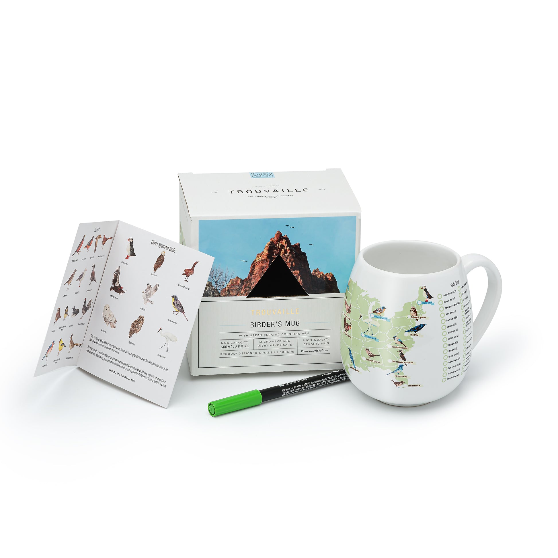 US Birder’s Checklist mug with recyclable packaging box, printed guide and ceramic green pen shown, sustainable birdwatching gift