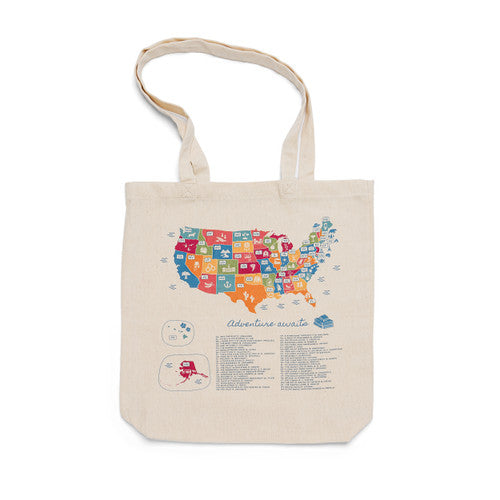 US book lovers color-in tote bag showing map with books to read set in each state, gift for someone who loves reading