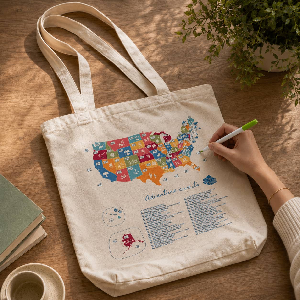Close-up lifestyle photo of the US Book Lover Color In Tote on a wooden surface showing a hand coloring in