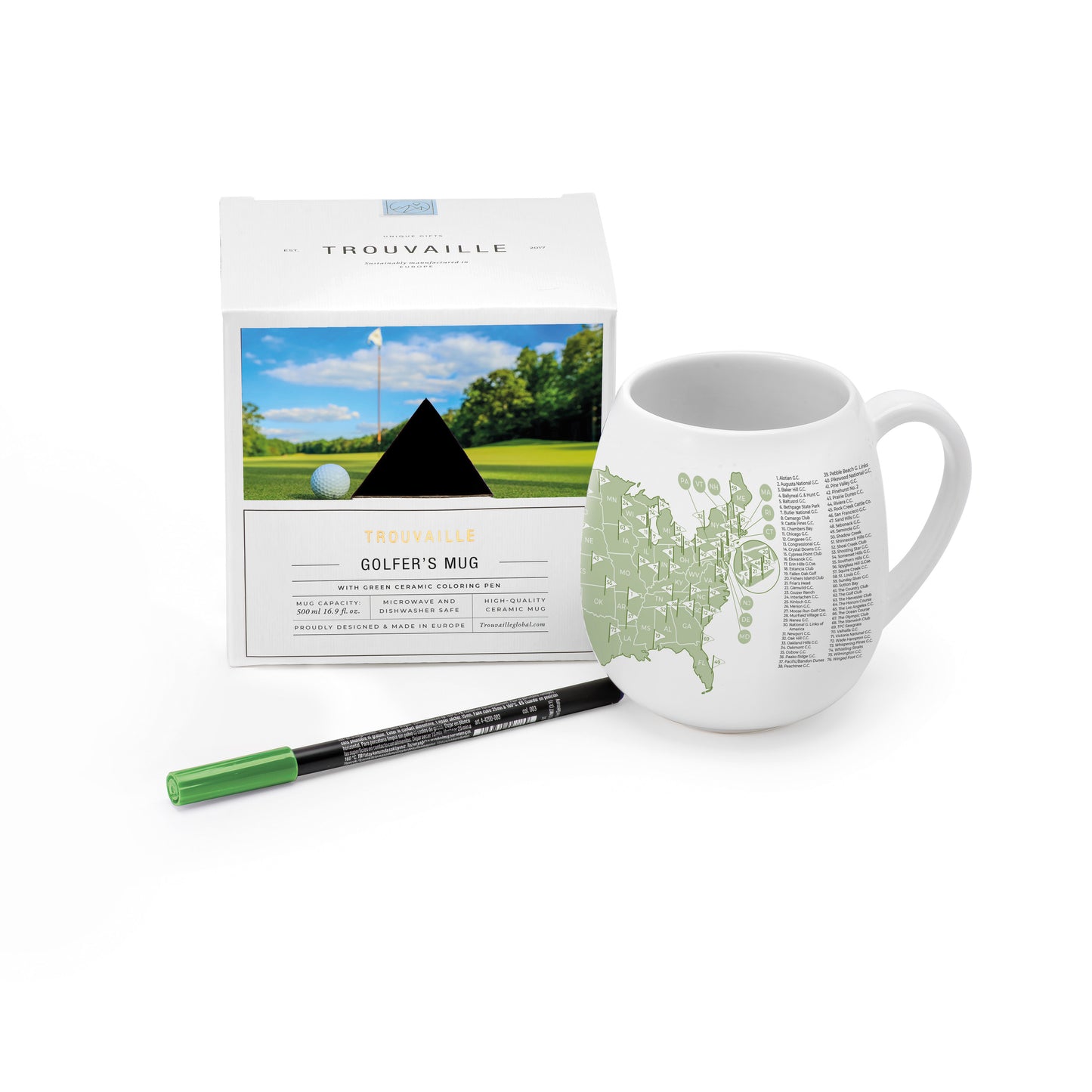 Top US golf courses color-in mug with packaging and ceramic pen, golfer gift idea