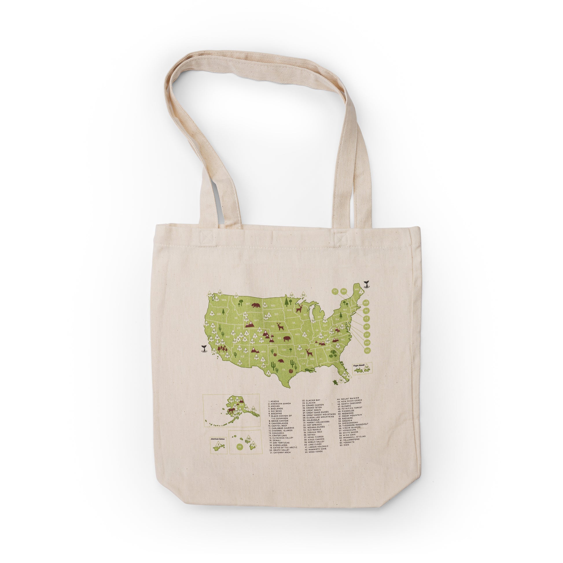 US National Parks color-in tote bag showing parks map to personalize with visited parks, reusable shopping bag