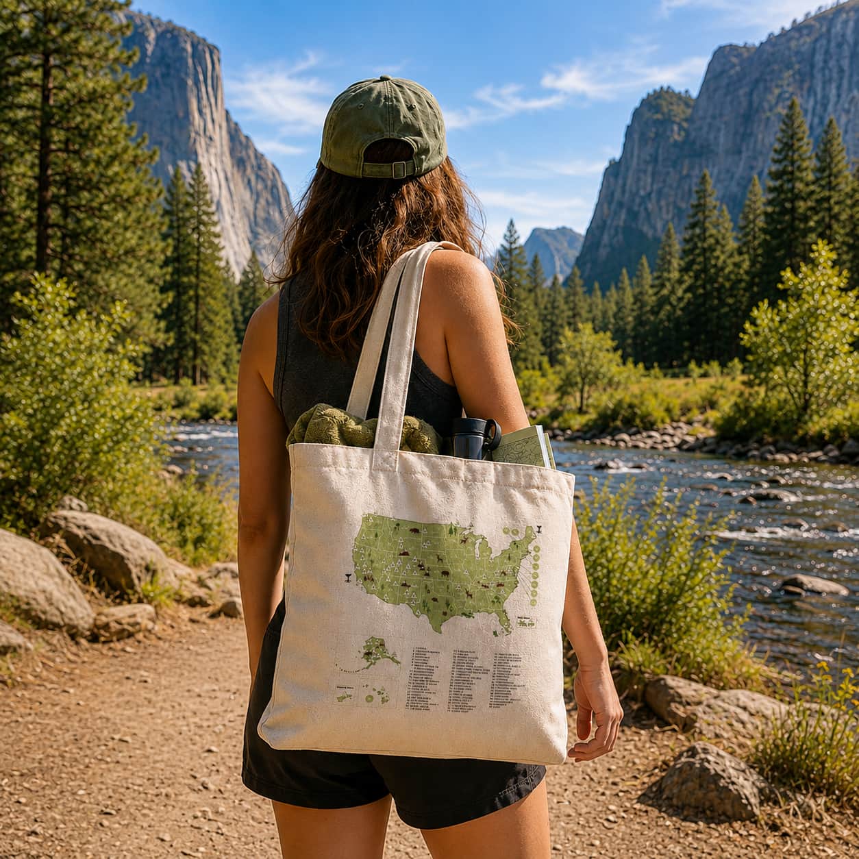 Hiker carrying a US National Parks colour-in tote bag in a sunny national park setting with mountains and a river.