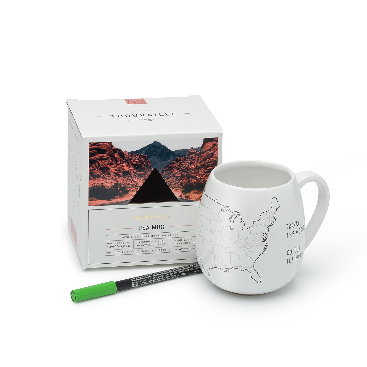 USA color-in travel map mug with gift box and green ceramic pen, sustainable travel gift