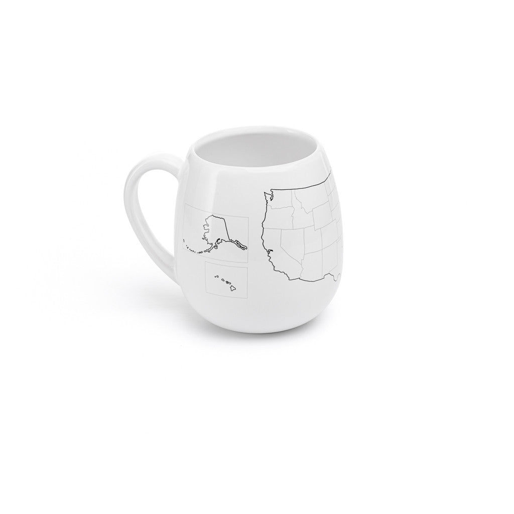Left side detail of USA map mug showing Alaska, Hawaii and West Coast states, interactive gift for travelers