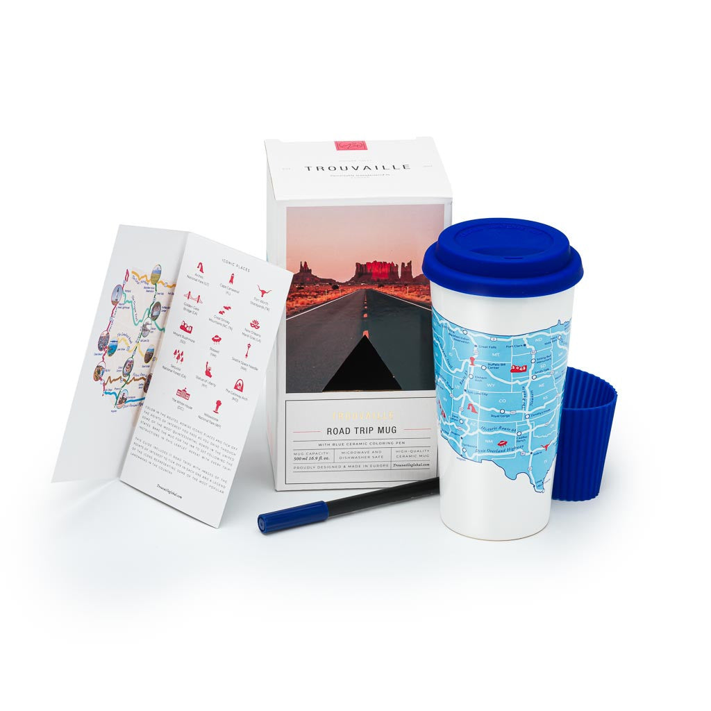 USA road trip color-in travel cup with recyclable packaging, blue ceramic marker and road trip guide