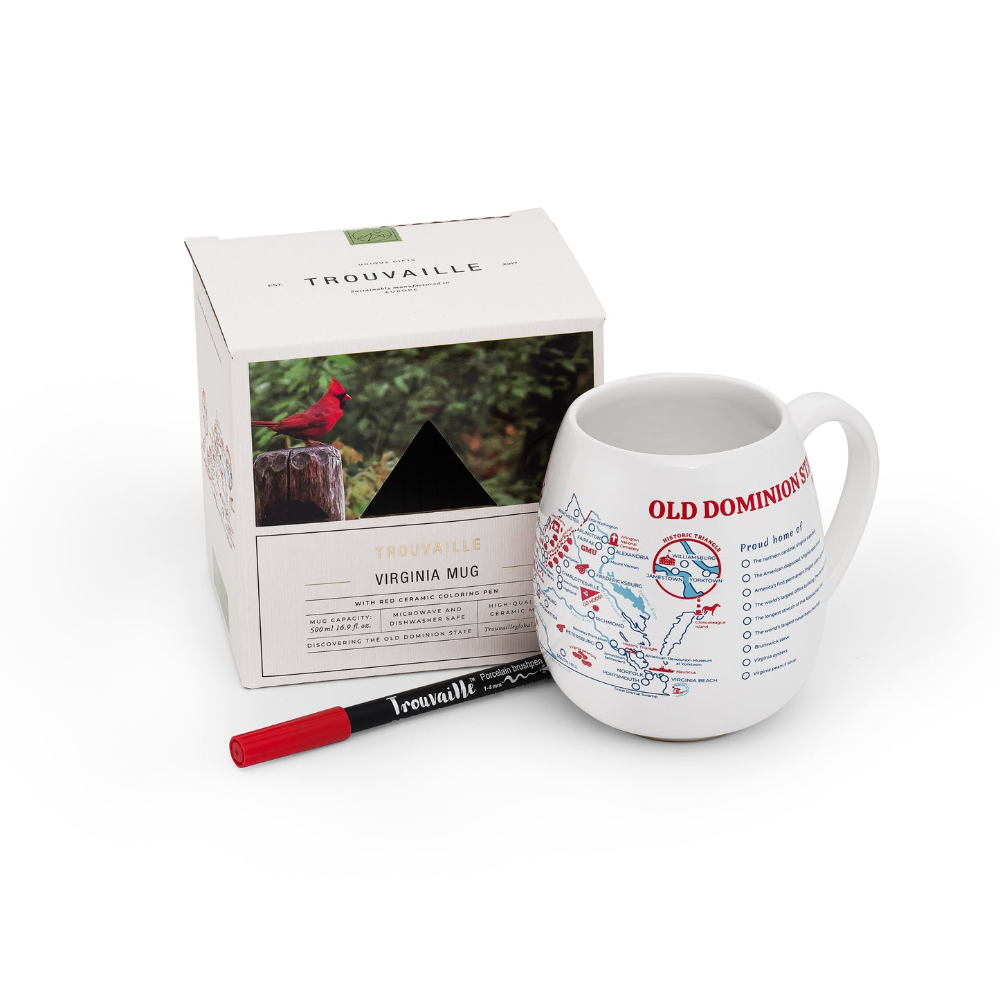 A white ceramic travel mug with a map of Virginia printed on it, alongside a red ceramic pen and recyclable packaging, personalized travel keepsake gift.