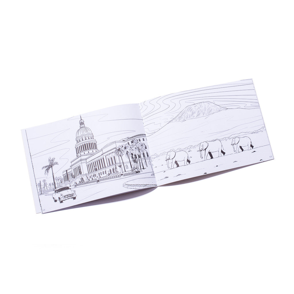 World landmarks colouring book printed on recycled paper with open pages featuring Havana (Cuba) and Kilimanjaro in Africa, travel-inspired colouring activity.