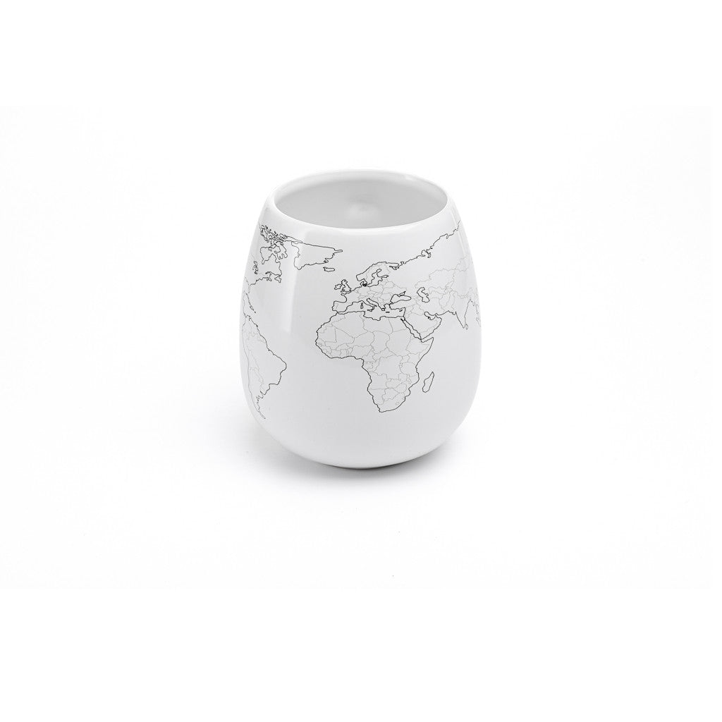 World map colour-in travel mug shot on a white background showing the centre of the mug, mostly countries in Europe, Africa and the Middle East