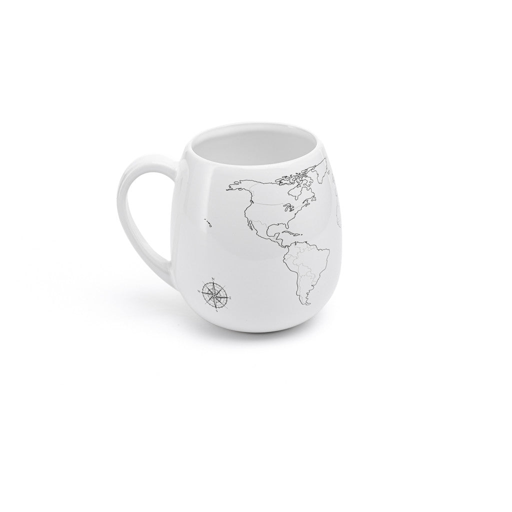 World map colour-in travel mug shot on a white background showing the left side of the mug, North and South America