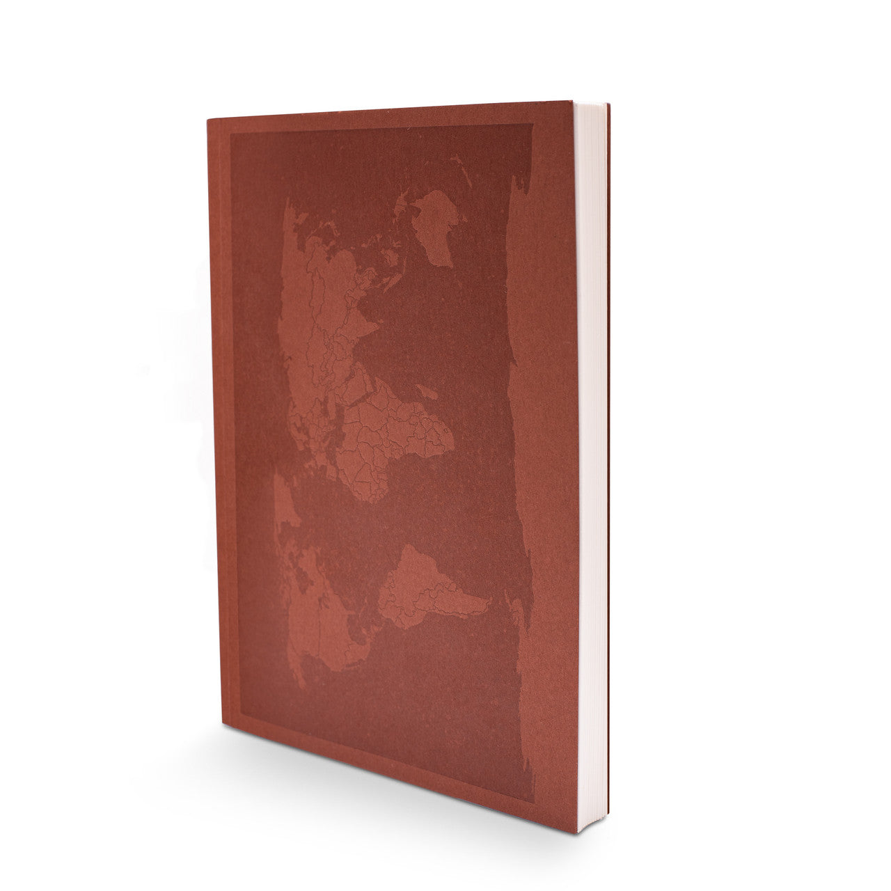 World map travel journal made from 100% recycled paper, sustainable notebook for documenting travel experiences.