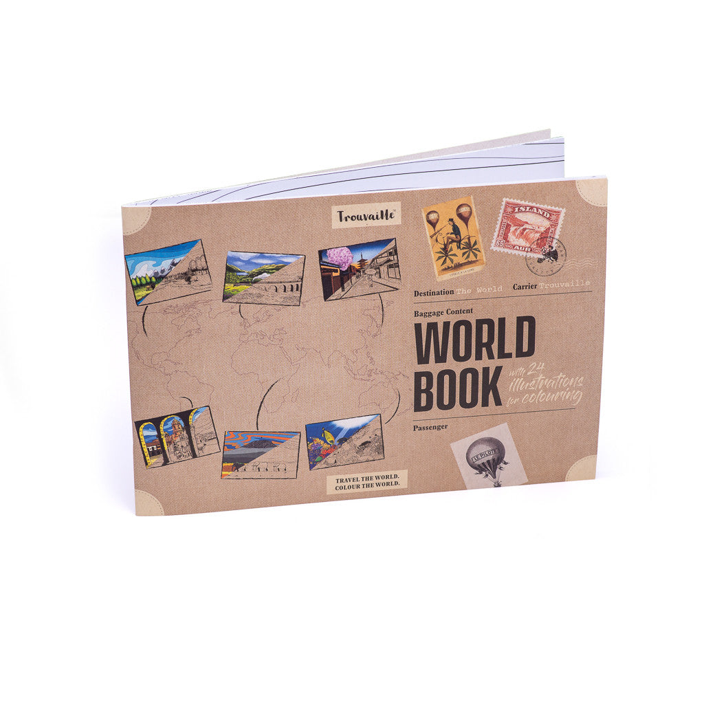 World travel colouring book printed on 100% recycled paper with illustrated landmarks, sustainable travel gift for adults.