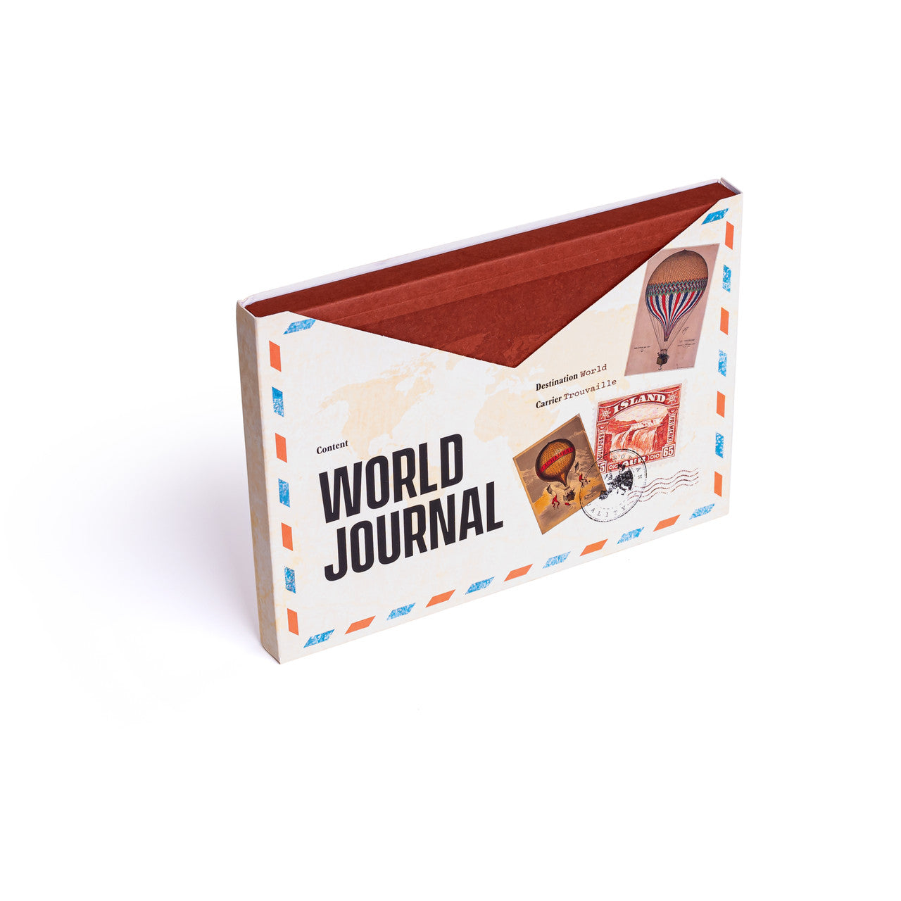Recycled paper world travel journal inside envelope-style packaging, sustainable stationery gift for travellers.